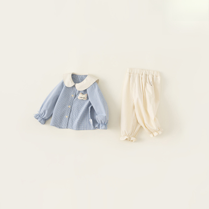 童裝女寶寶襯衫長褲兩件套25春季新款女童娃娃領格子上衣套裝