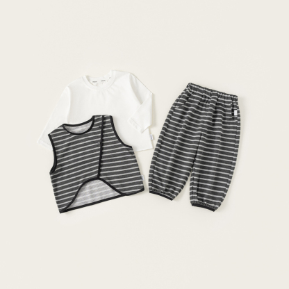 童裝男童套裝春季新品設計感背心純色打底衫條紋褲女童三件套