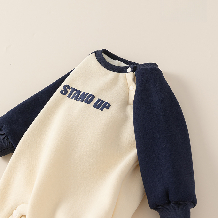 童裝秋冬裝嬰兒連體衣寶寶撞色插肩袖長袖哈衣寶寶保暖爬服