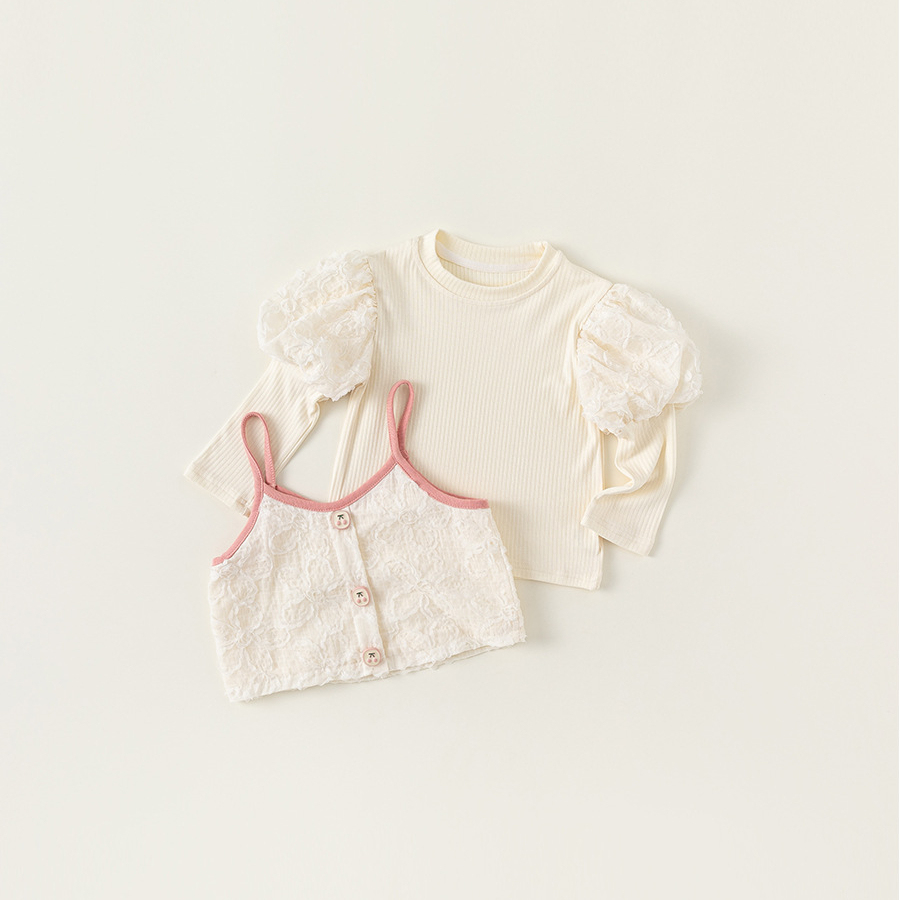 童裝新款女童上衣泡泡袖打底衫吊帶兩件套女孩子洋氣套裝秋裝