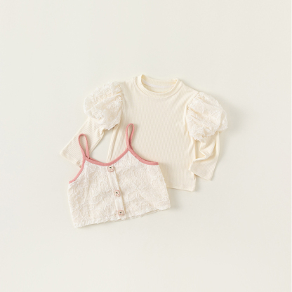 童裝新款女童上衣泡泡袖打底衫吊帶兩件套女孩子洋氣套裝秋裝