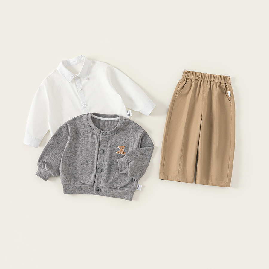 童裝秋季男童套裝純色翻領襯衫繡花開衫外套兒童休閒褲兩件套