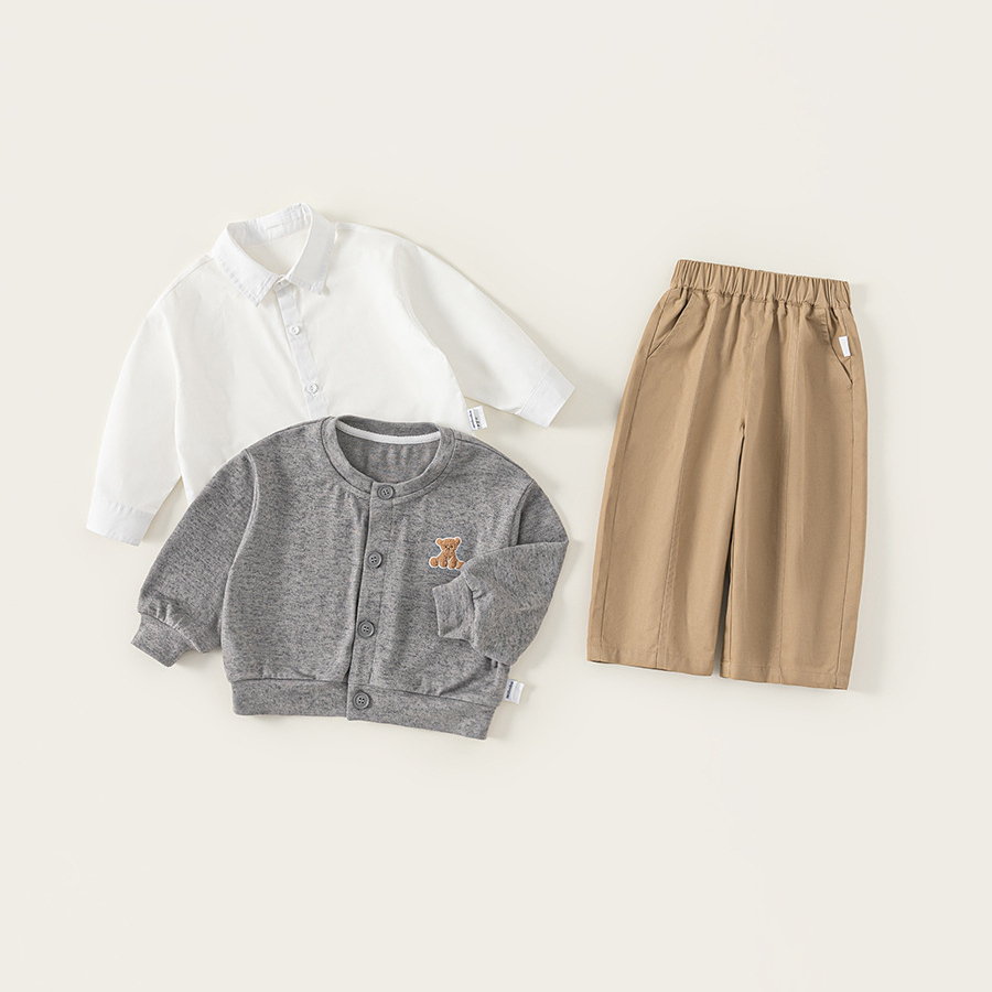 童裝秋季男童套裝純色翻領襯衫繡花開衫外套兒童休閒褲兩件套