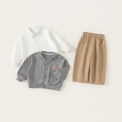 童裝秋季男童套裝純色翻領襯衫繡花開衫外套兒童休閒褲兩件套