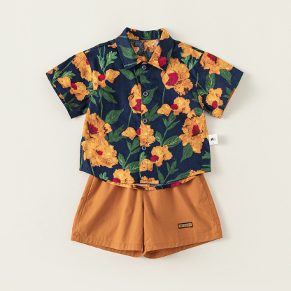 童裝男童夏裝套裝2025新款夏季帥氣兒童度假風短袖襯衫兩件套