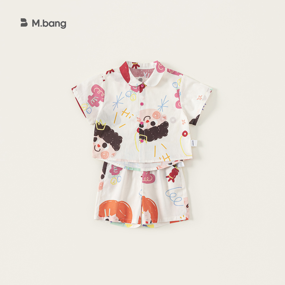 童裝夏款兒童套裝翻領塗鴉印花短袖寬鬆襯衫休閒短褲兩件套