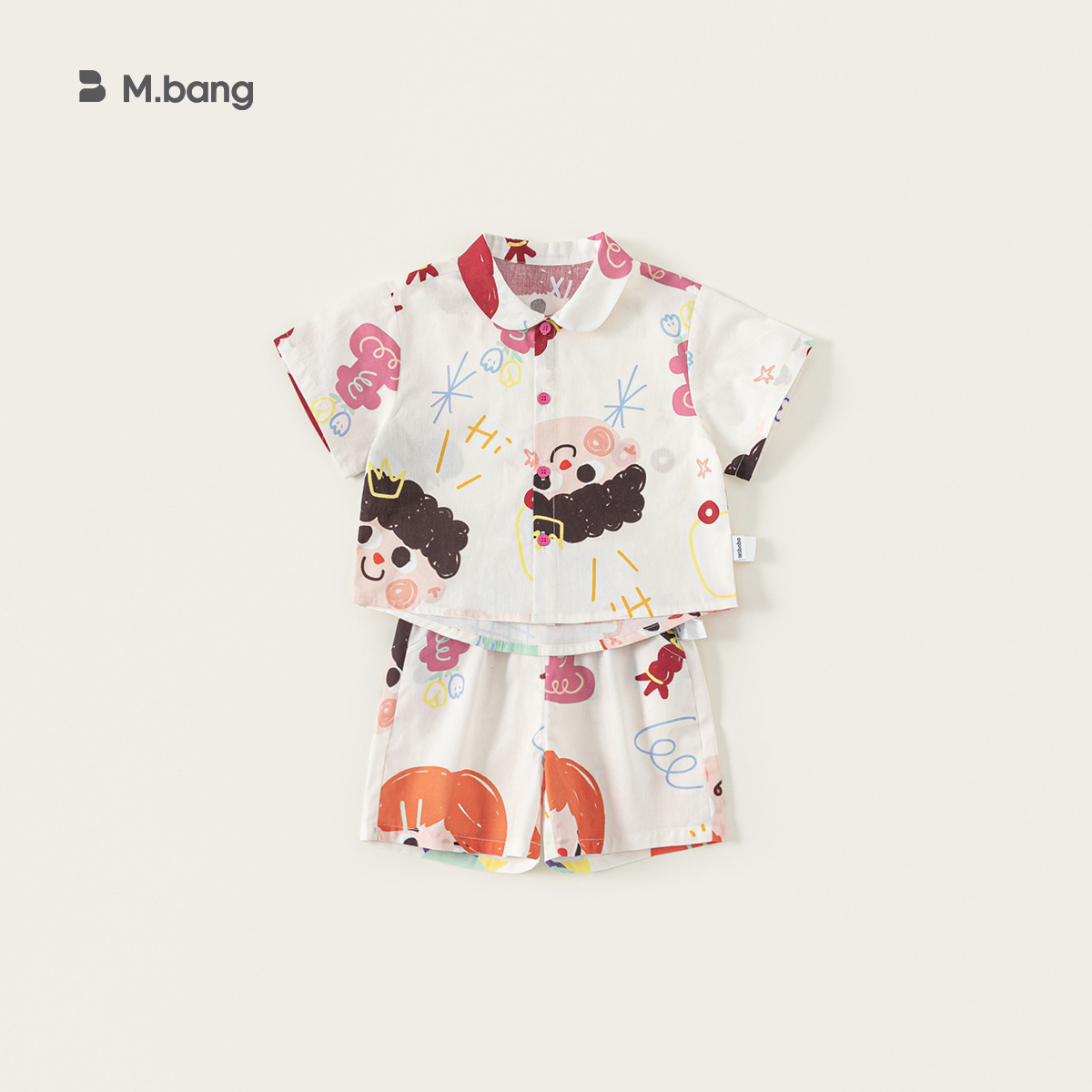 童裝夏款兒童套裝翻領塗鴉印花短袖寬鬆襯衫休閒短褲兩件套
