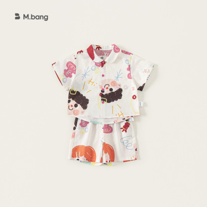 童裝夏款兒童套裝翻領塗鴉印花短袖寬鬆襯衫休閒短褲兩件套