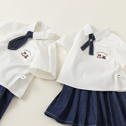 童裝男童套裝兒童學院風襯衫牛仔褲寶寶班服兩件套女童裝園服
