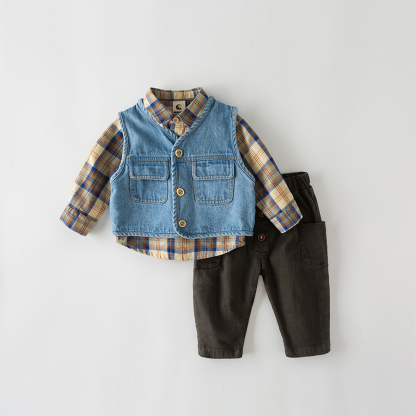 韓版男童秋季襯衫馬甲三件套兒童褲套裝小童服裝寶寶衣服