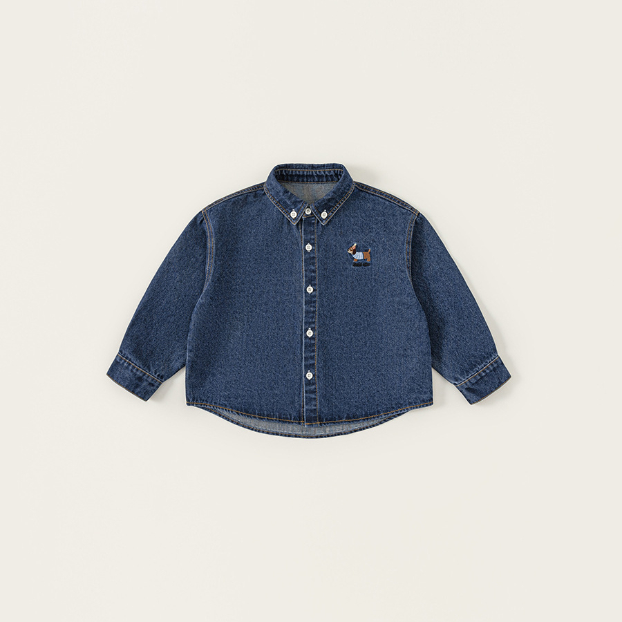 童裝中大童秋季新款女孩子上衣兒童襯衫復古刺繡男童牛仔外套