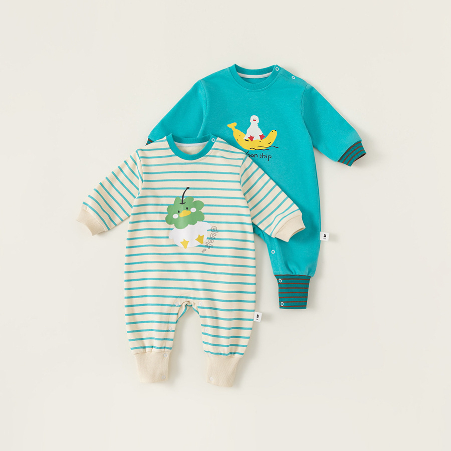 童裝寶寶連體衣春秋新生兒衣服兒童卡通條紋爬服外穿