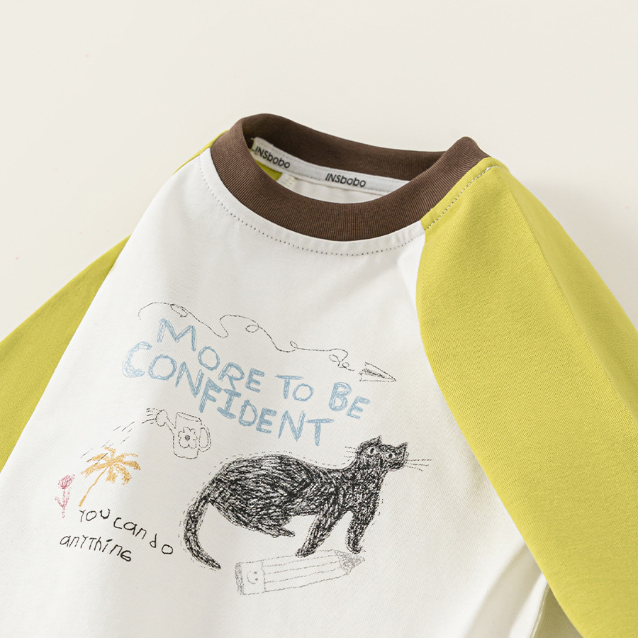 童裝女童上衣圓領印花兒童長袖衣服春季新品插肩袖男童T恤