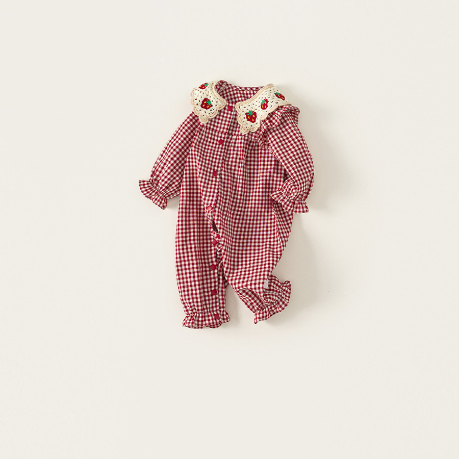 秋季新款童裝女寶寶衣服格紋編織翻領新生兒爬服女童連體衣