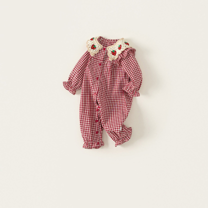 秋季新款童裝女寶寶衣服格紋編織翻領新生兒爬服女童連體衣