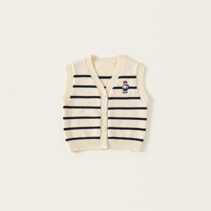 童裝新款秋裝小熊刺繡兒童上衣針織條紋無袖背心男童毛衣馬甲