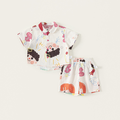 童裝夏款兒童套裝翻領塗鴉印花短袖寬鬆襯衫休閒短褲兩件套