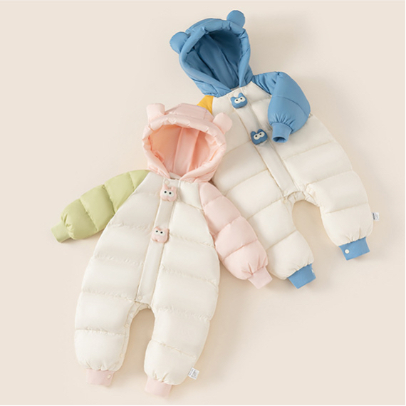嬰兒羽絨服冬季加厚連體衣男童寶寶拼色連帽羽絨爬服