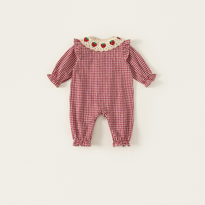 秋季新款童裝女寶寶衣服格紋編織翻領新生兒爬服女童連體衣