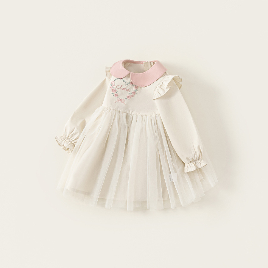 童裝女童連衣裙春季寬鬆中小童長袖網紗裙撞色娃娃領兒童裙子