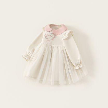 童裝女童連衣裙春季寬鬆中小童長袖網紗裙撞色娃娃領兒童裙子