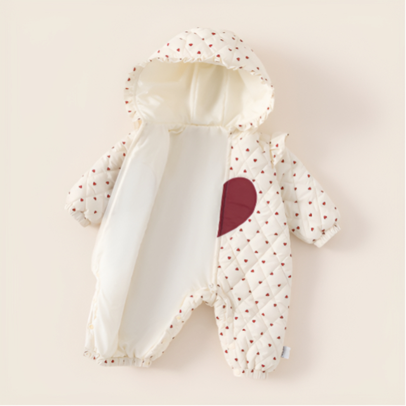 秋款童裝愛心印花女寶寶衣服花邊圓領新生兒爬服女童連體衣