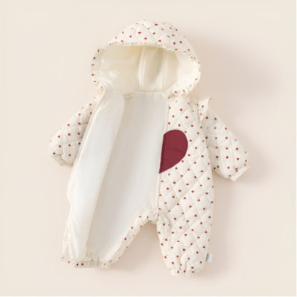 秋款童裝愛心印花女寶寶衣服花邊圓領新生兒爬服女童連體衣