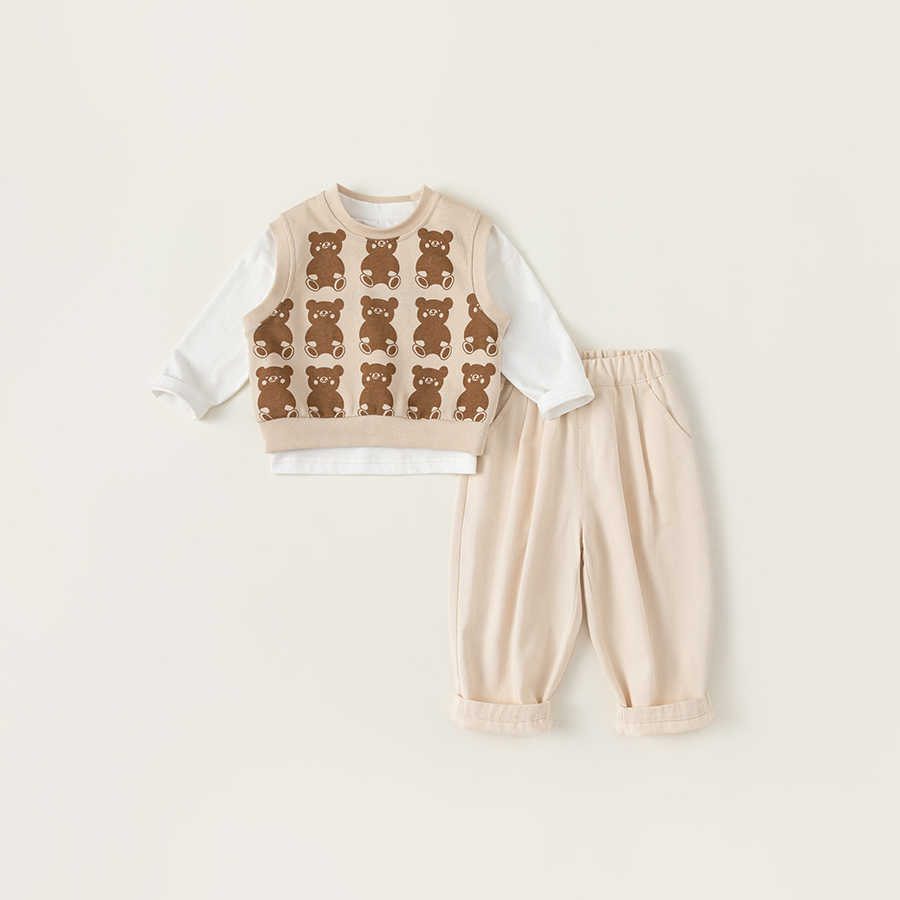 童裝寶寶套裝2025春裝嬰幼兒休閒三件套兒童卡通馬甲寶寶裝