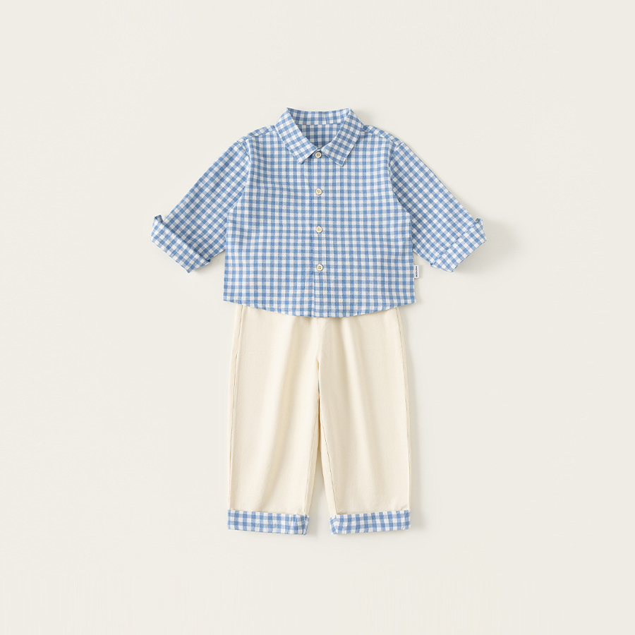 童装男童套装格子衬衫拼接长裤儿童两件套春季新品小童休闲装