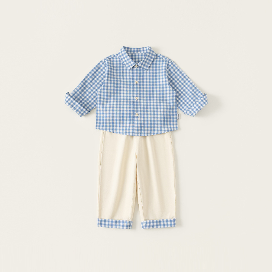 童装男童套装格子衬衫拼接长裤儿童两件套春季新品小童休闲装