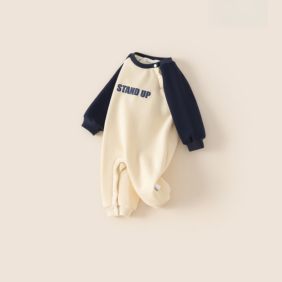 童裝秋冬裝嬰兒連體衣寶寶撞色插肩袖長袖哈衣寶寶保暖爬服