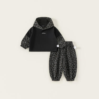 童裝男童套裝春新品豹紋假兩件連帽衛衣束腳褲兒童帥氣兩件套