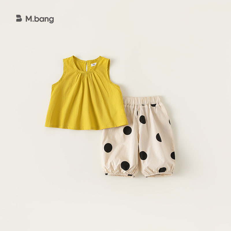 童裝女童夏裝波點印花九分褲純色無袖上衣兩件套時尚套裝潮