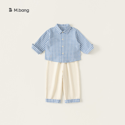 童装男童套装格子衬衫拼接长裤儿童两件套春季新品小童休闲装