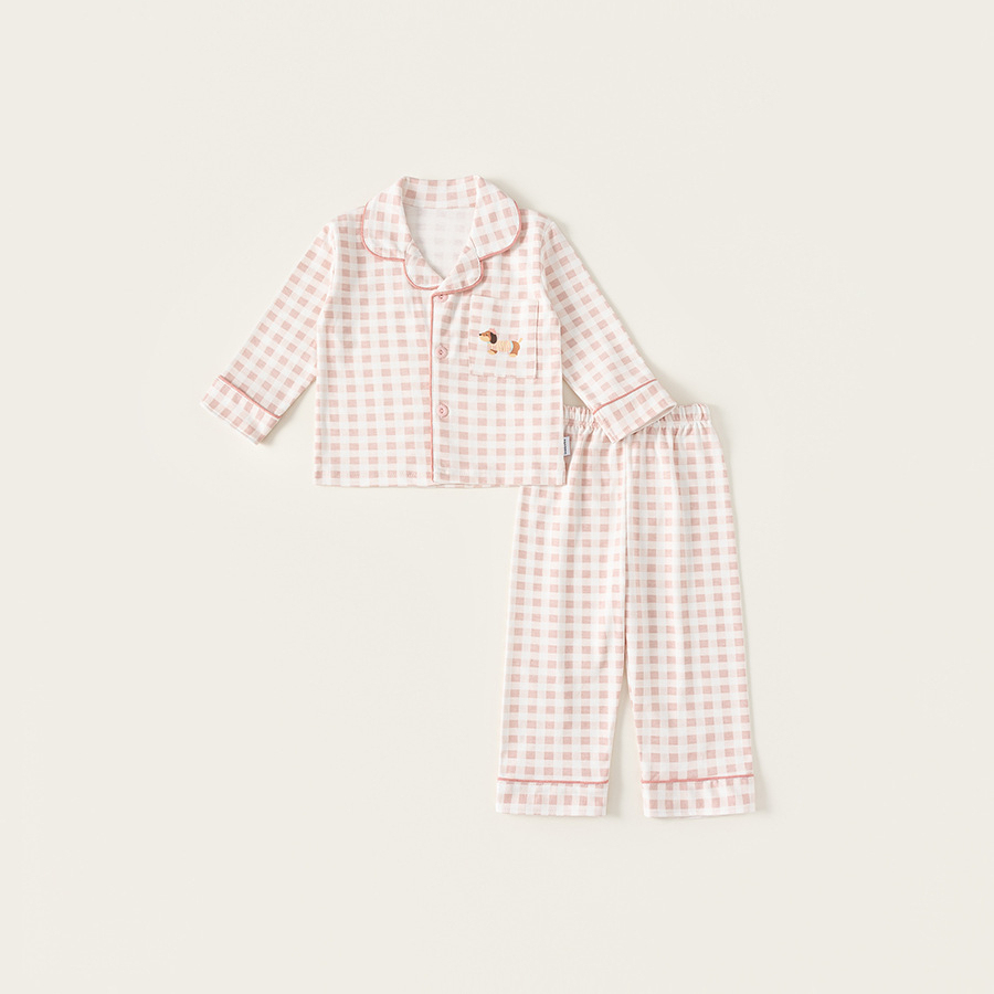 童裝兒童秋季女童睡衣純棉套裝格子男童長褲寶寶保暖家居服