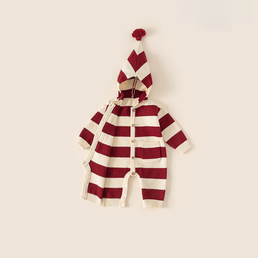 新款冬季童裝男寶寶連體衣撞色條紋針織衫魔法帽女童連體衣