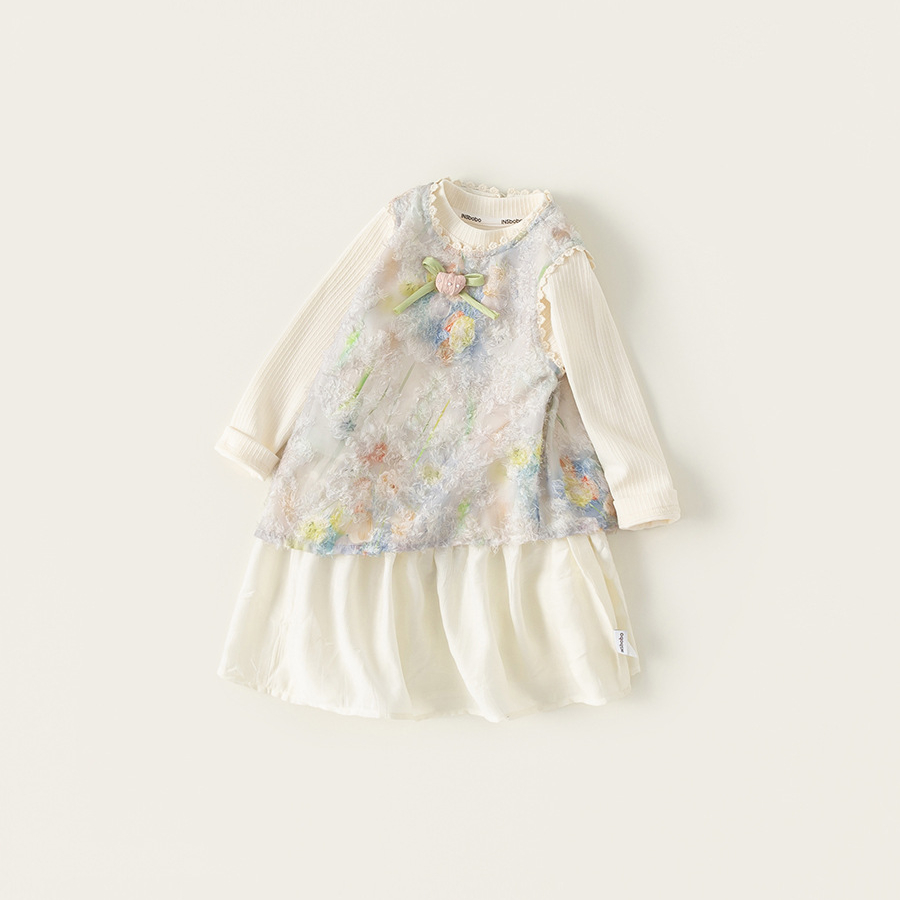 童裝女童套裝裙春季新品彩色花朵連衣裙純色打底衫兒童兩件套