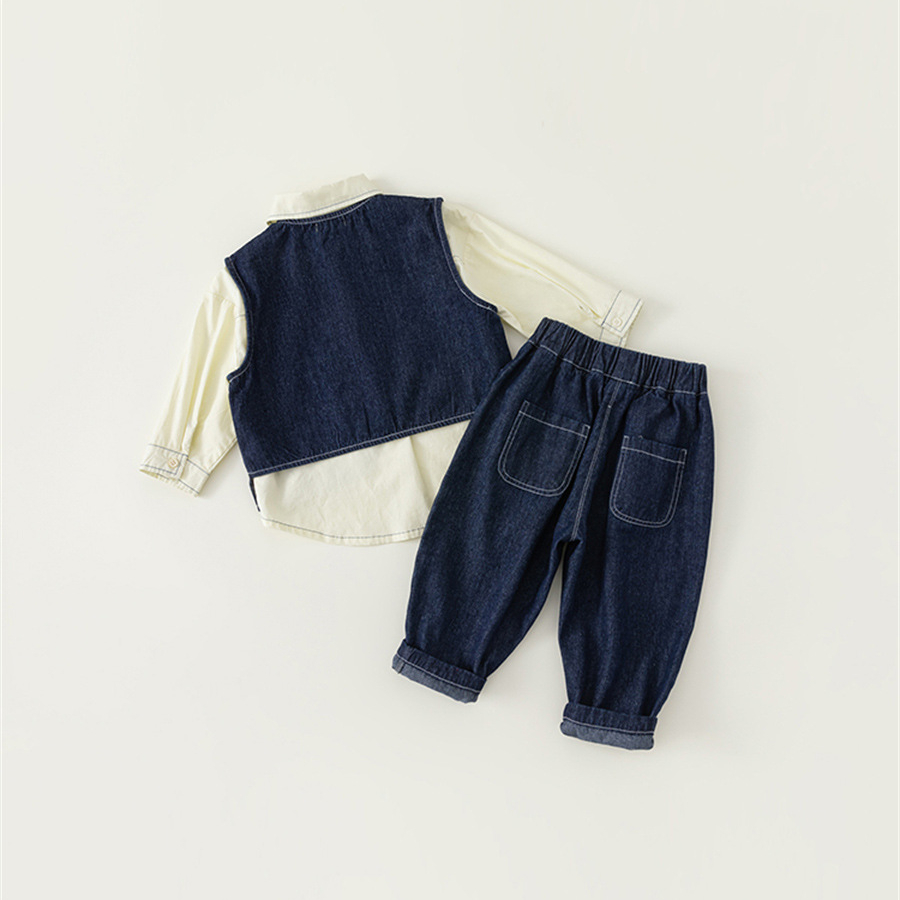 童裝男童套裝韓版春秋牛仔馬甲襯衫牛仔褲兒童三件套女童衣服