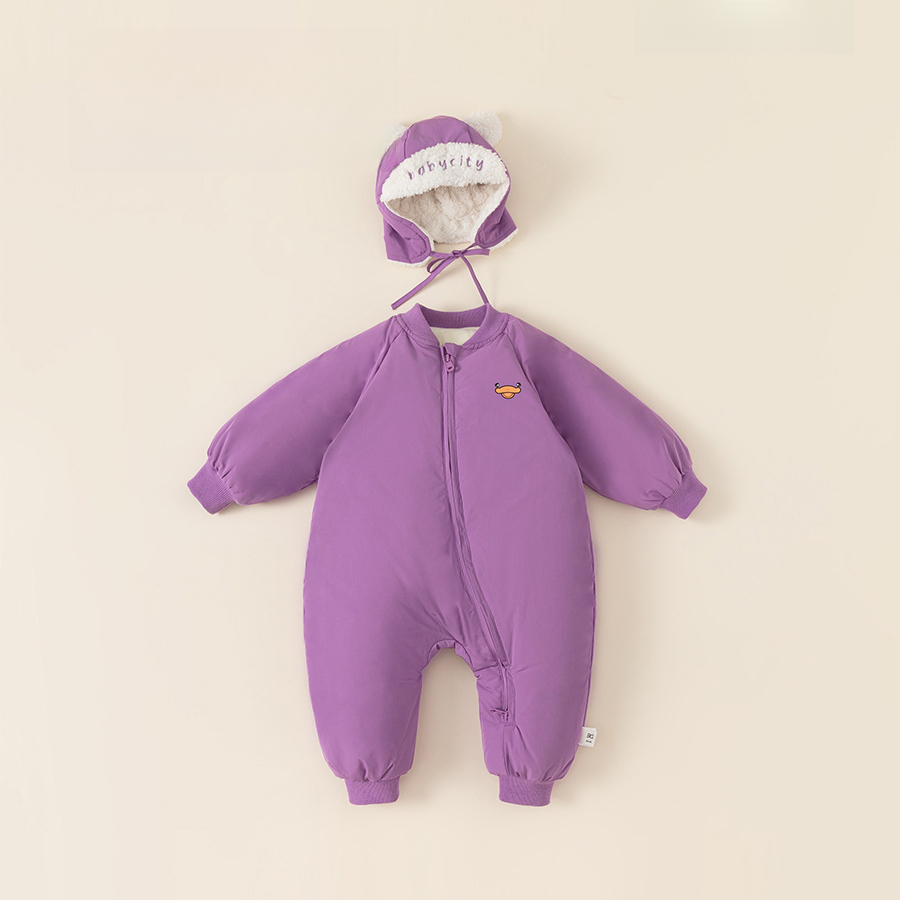 童裝兒童羽絨爬服白鴨絨寶寶斜拉鍊卡通羽絨服帽子包腳嬰幼兒