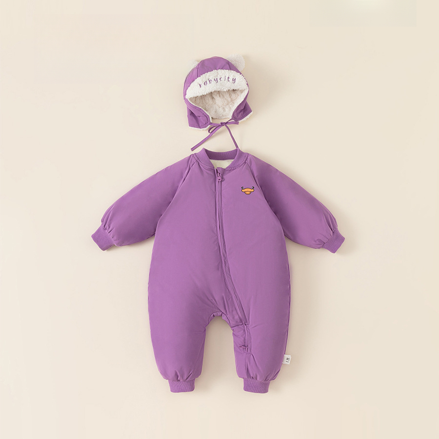 童裝兒童羽絨爬服白鴨絨寶寶斜拉鍊卡通羽絨服帽子包腳嬰幼兒