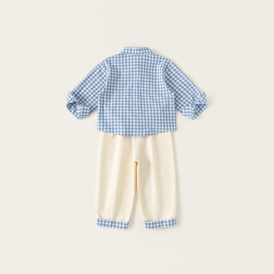 童装男童套装格子衬衫拼接长裤儿童两件套春季新品小童休闲装