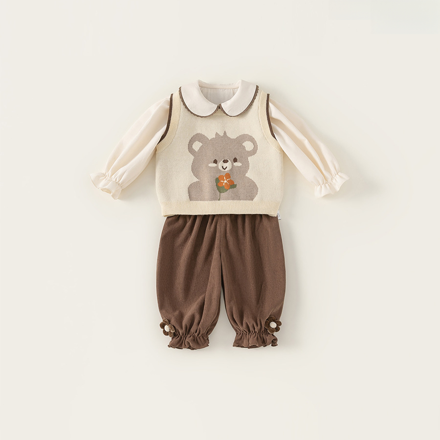 童裝女童秋裝新款套裝洋氣小熊毛衣馬甲花邊領襯衣長褲三件套