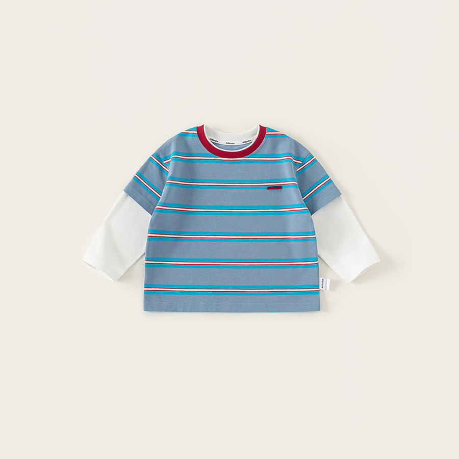 童裝男童T恤春季新款中小童假兩件條紋拼色時尚休閒兒童上衣