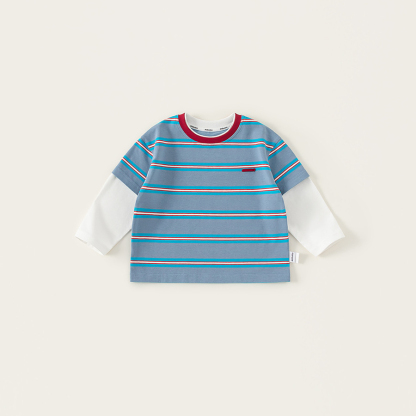 童裝男童T恤春季新款中小童假兩件條紋拼色時尚休閒兒童上衣