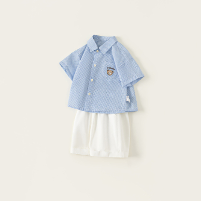 童裝夏款兒童小格子可愛印花襯衫純色印花短褲男小童兩件套