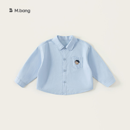 童裝秋款簡約翻領襯衣男寶寶長袖兒童上衣小熊刺繡男童襯衫