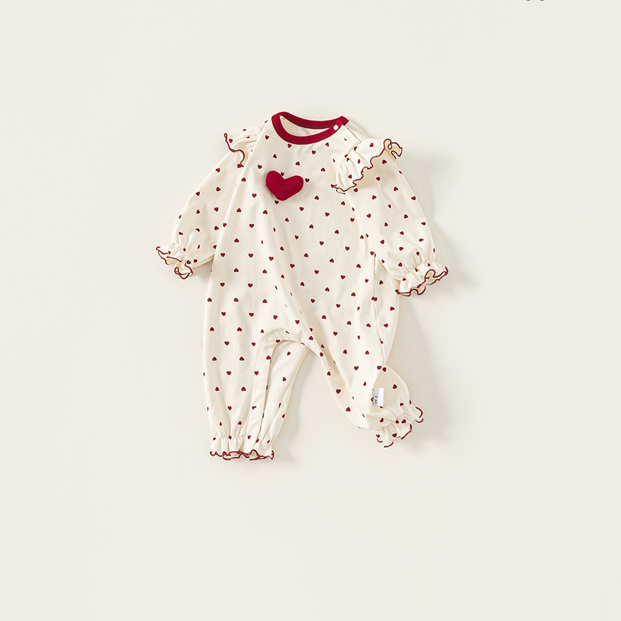 秋款童裝愛心印花女寶寶衣服花邊圓領新生兒爬服女童連體衣