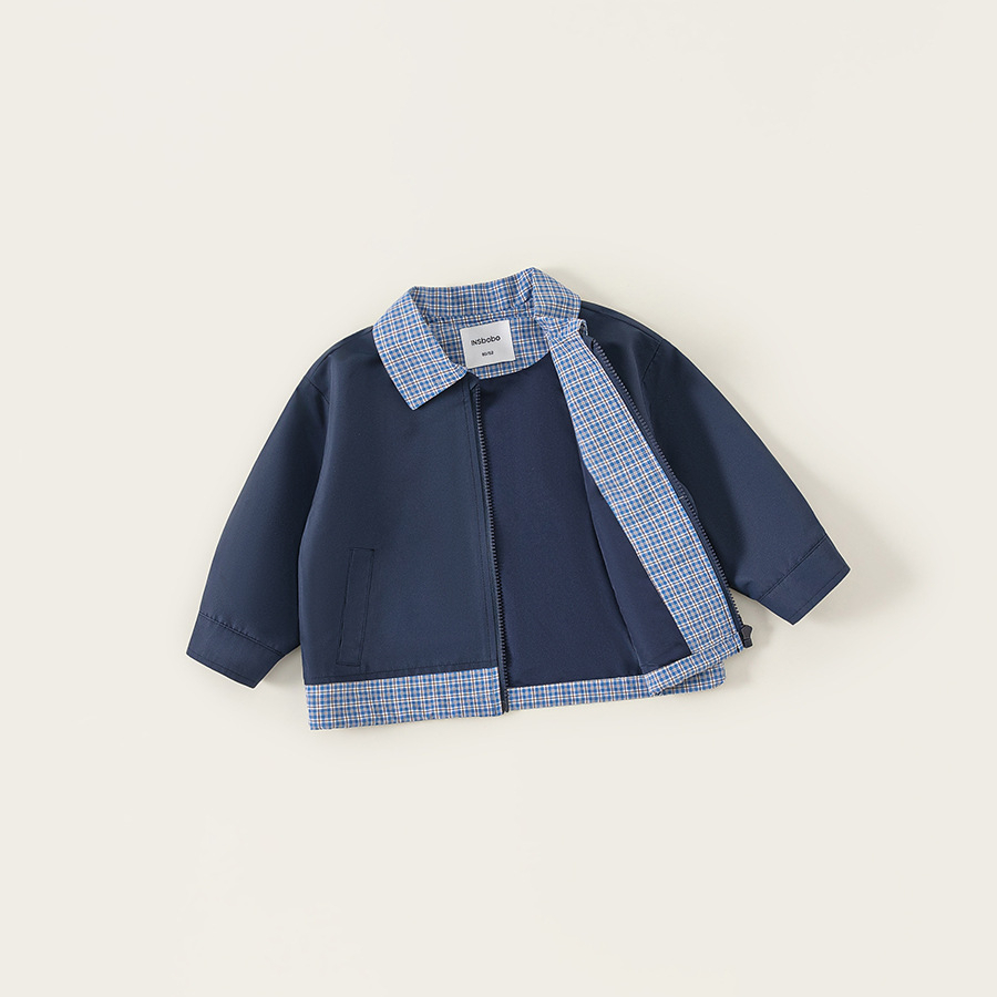 童裝男童外套春季新品翻領格子兒童拉鍊衫中小童衣服