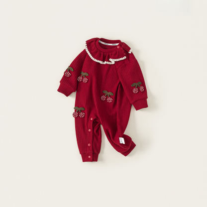 秋季新款女寶寶衣服甜美荷葉邊秋裝女童爬服兒童連體衣