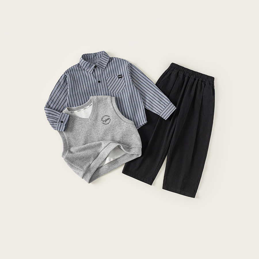 童裝百搭秋裝兒童衣服新品條紋襯衫男孩子馬甲三件套男童套裝